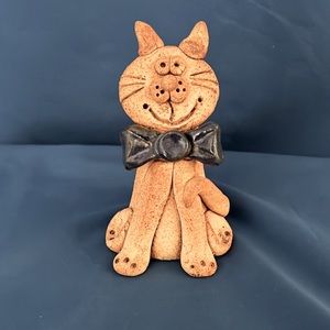 Cute Pottery Cat Figure with Big Blue Bow